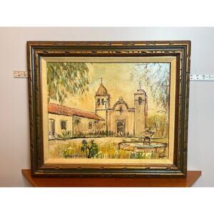 Vintage Impressionist Painting of Historic Carmel Spanish Mission circa 1950s